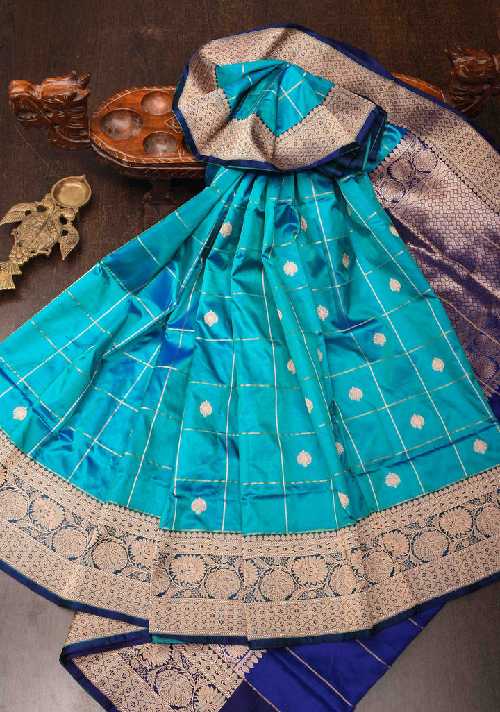 Teal Blue Checks Banarasi Katan silk saree with Zari Buttas and Contrast Zari Border | SILK MARK CERTIFIED