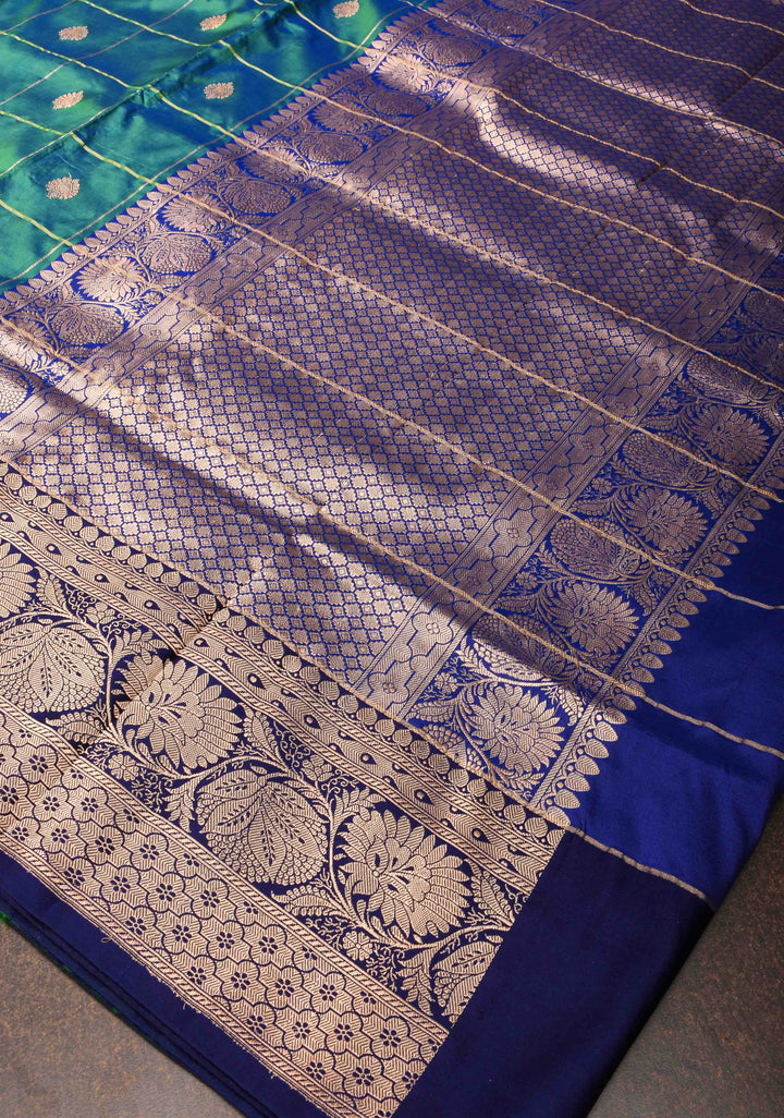 Green Checks Banarasi Katan silk saree with Zari Buttas and Contrast Zari Border | SILK MARK CERTIFIED