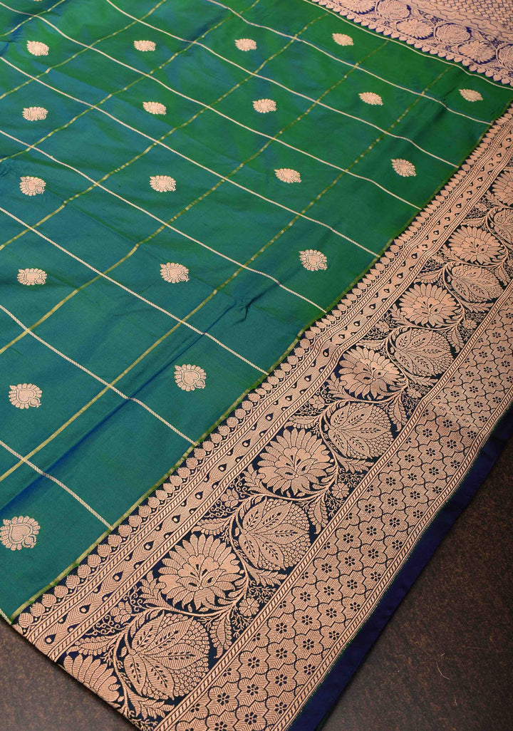 Green Checks Banarasi Katan silk saree with Zari Buttas and Contrast Zari Border | SILK MARK CERTIFIED