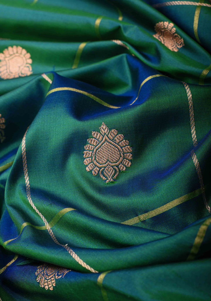 Green Checks Banarasi Katan silk saree with Zari Buttas and Contrast Zari Border | SILK MARK CERTIFIED