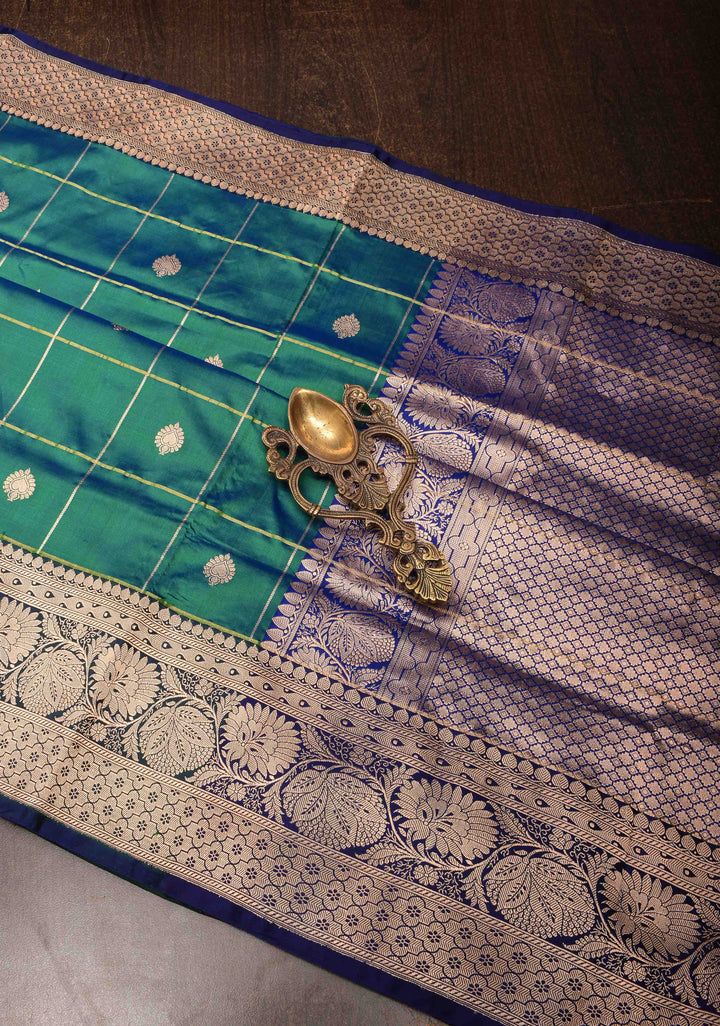 Green Checks Banarasi Katan silk saree with Zari Buttas and Contrast Zari Border | SILK MARK CERTIFIED