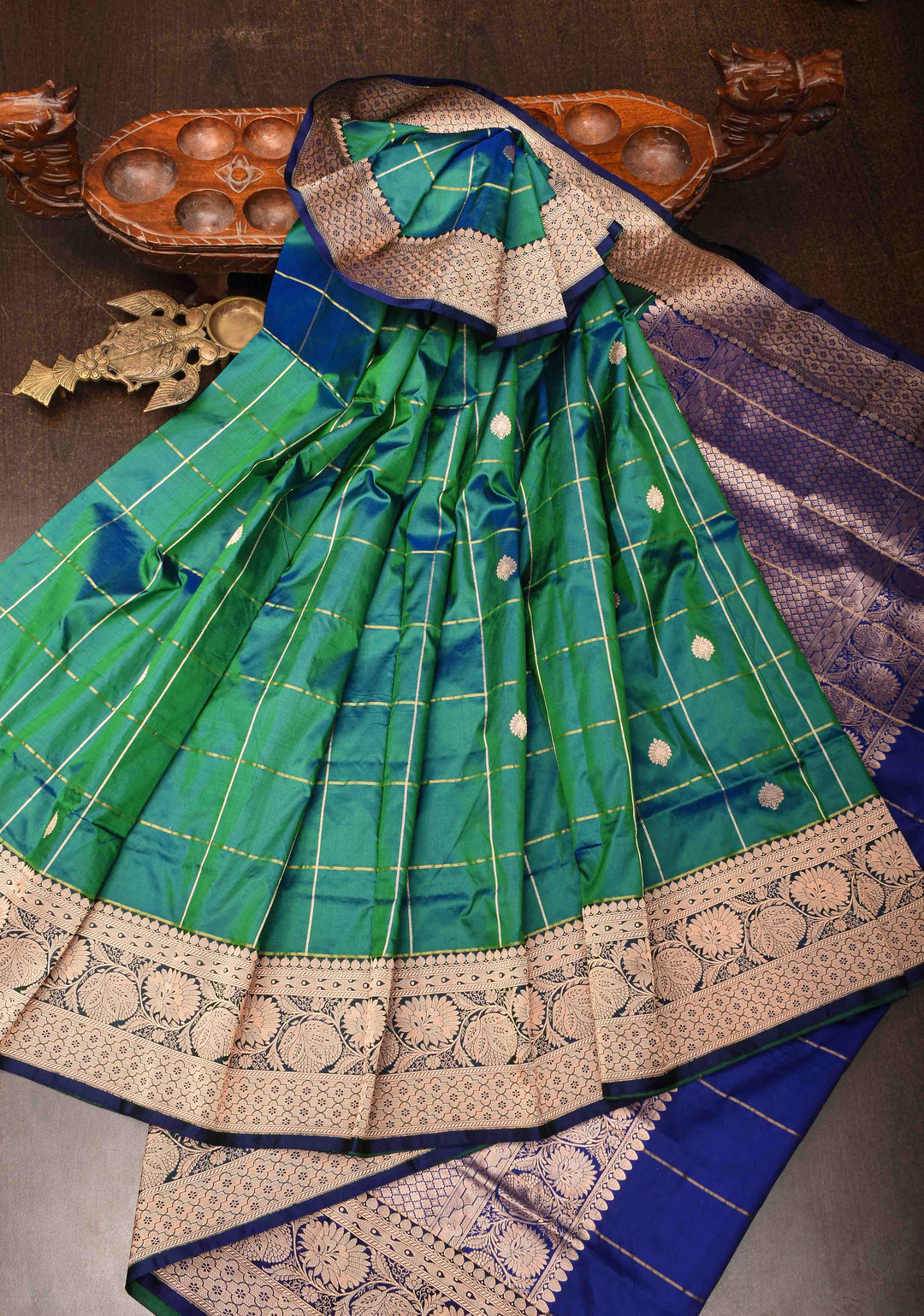Green Checks Banarasi Katan silk saree with Zari Buttas and Contrast Zari Border | SILK MARK CERTIFIED