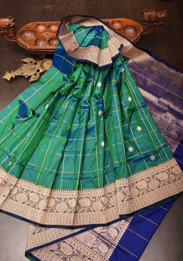 Green Checks Banarasi Katan silk saree with Zari Buttas and Contrast Zari Border | SILK MARK CERTIFIED