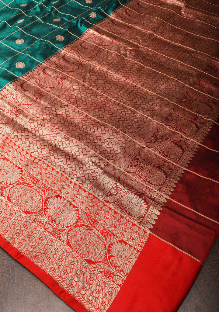 Rama Green Checks Banarasi Katan silk saree with Zari Buttas and Contrast Zari Border | SILK MARK CERTIFIED