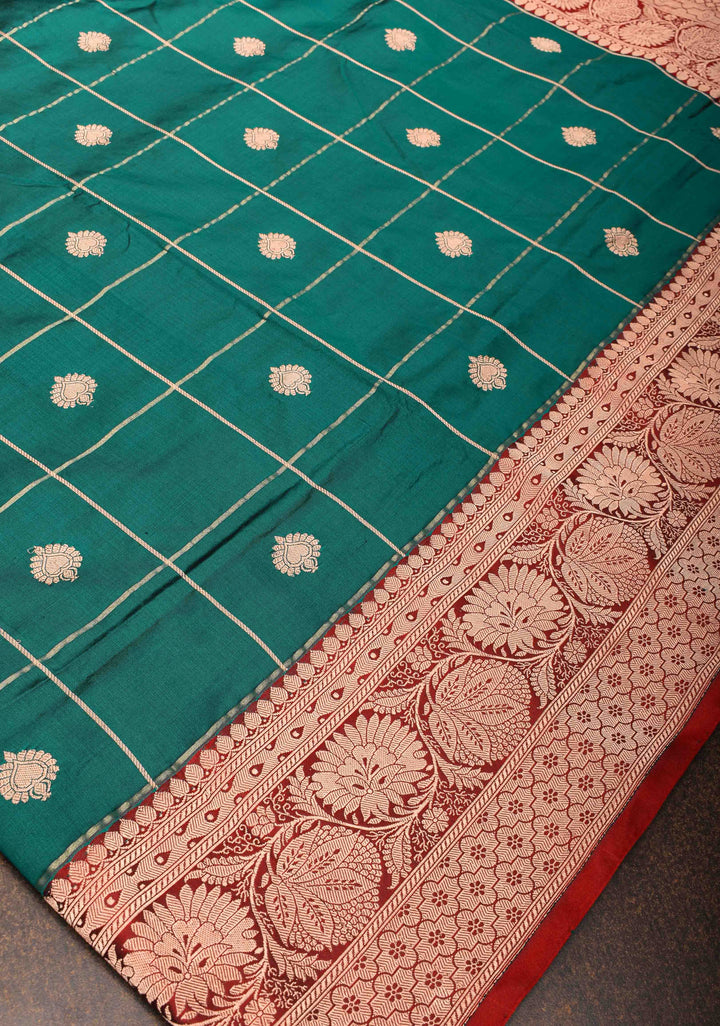 Rama Green Checks Banarasi Katan silk saree with Zari Buttas and Contrast Zari Border | SILK MARK CERTIFIED