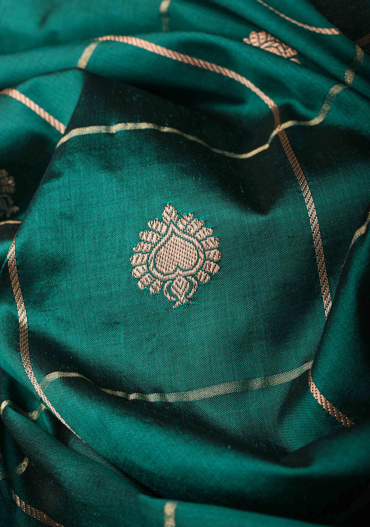 Rama Green Checks Banarasi Katan silk saree with Zari Buttas and Contrast Zari Border | SILK MARK CERTIFIED