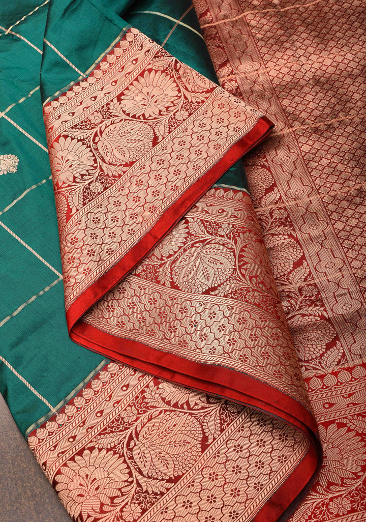Rama Green Checks Banarasi Katan silk saree with Zari Buttas and Contrast Zari Border | SILK MARK CERTIFIED
