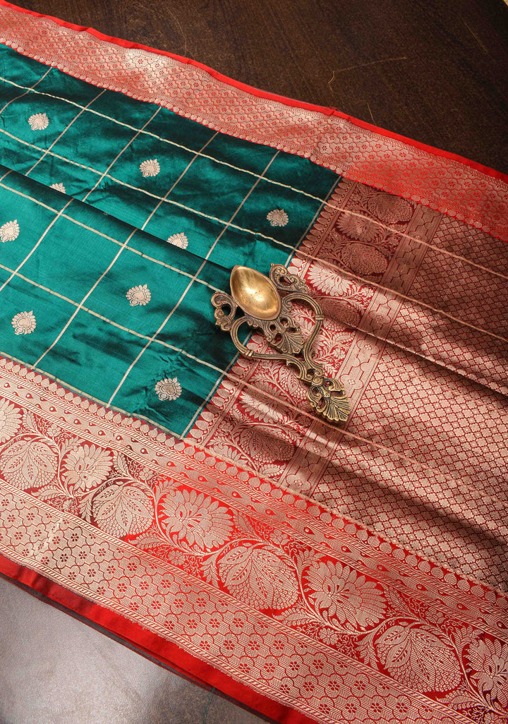 Rama Green Checks Banarasi Katan silk saree with Zari Buttas and Contrast Zari Border | SILK MARK CERTIFIED