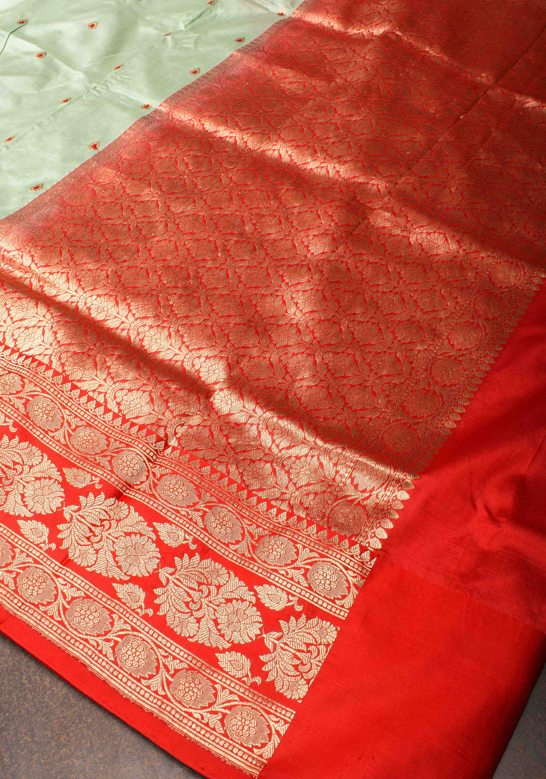 Pista Green Banarasi Katan silk saree with Meenakari  Buttis and Zari Border | SILK MARK CERTIFIED