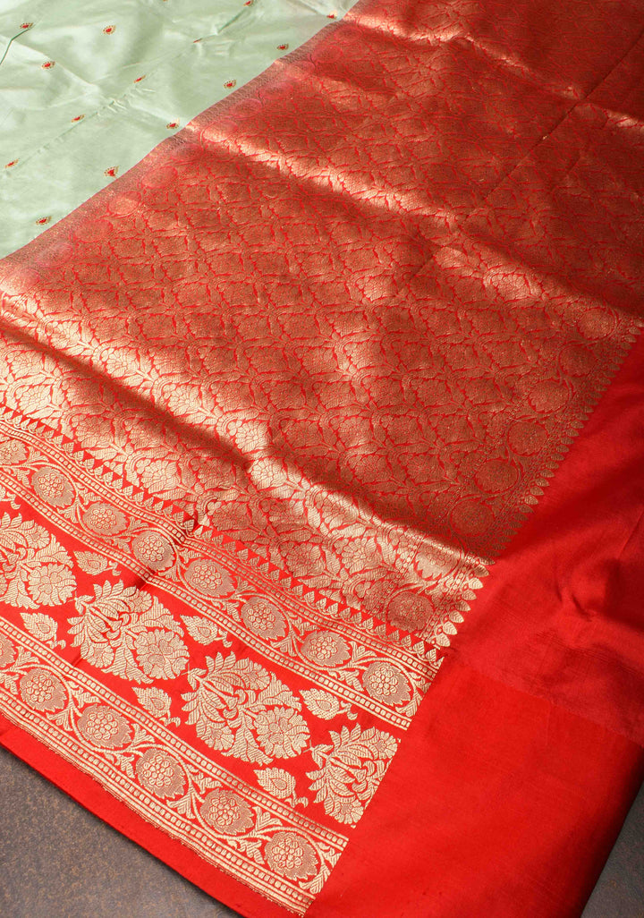 Pista Green Banarasi Katan silk saree with Meenakari  Buttis and Zari Border | SILK MARK CERTIFIED