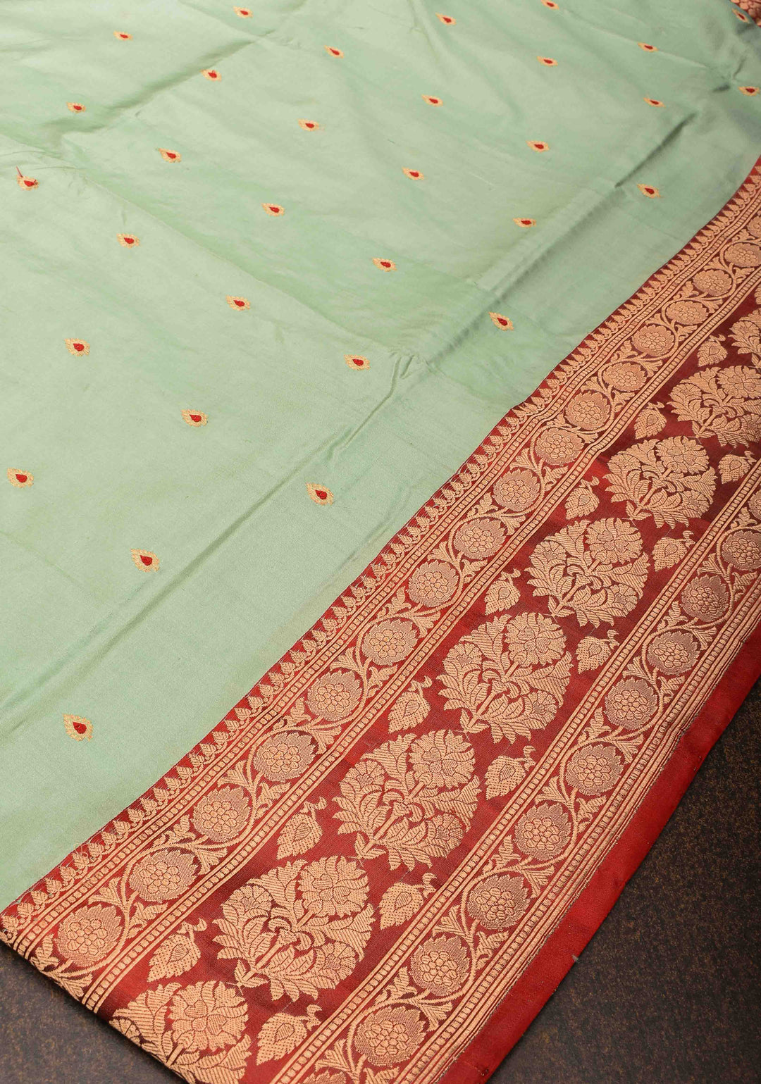 Pista Green Banarasi Katan silk saree with Meenakari  Buttis and Zari Border | SILK MARK CERTIFIED