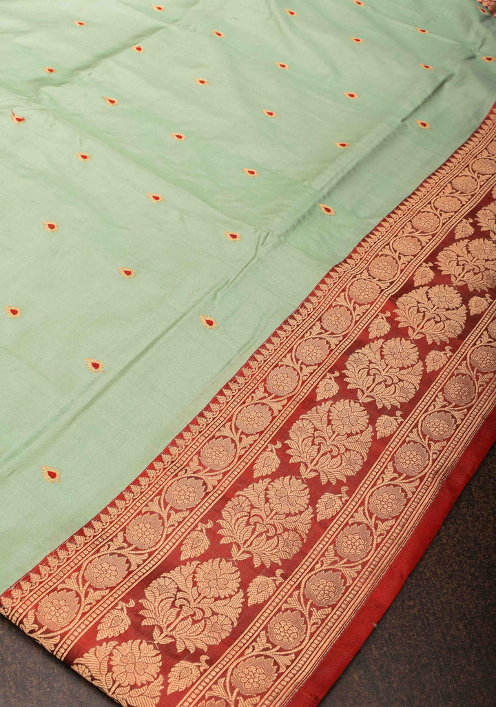 Pista Green Banarasi Katan silk saree with Meenakari  Buttis and Zari Border | SILK MARK CERTIFIED