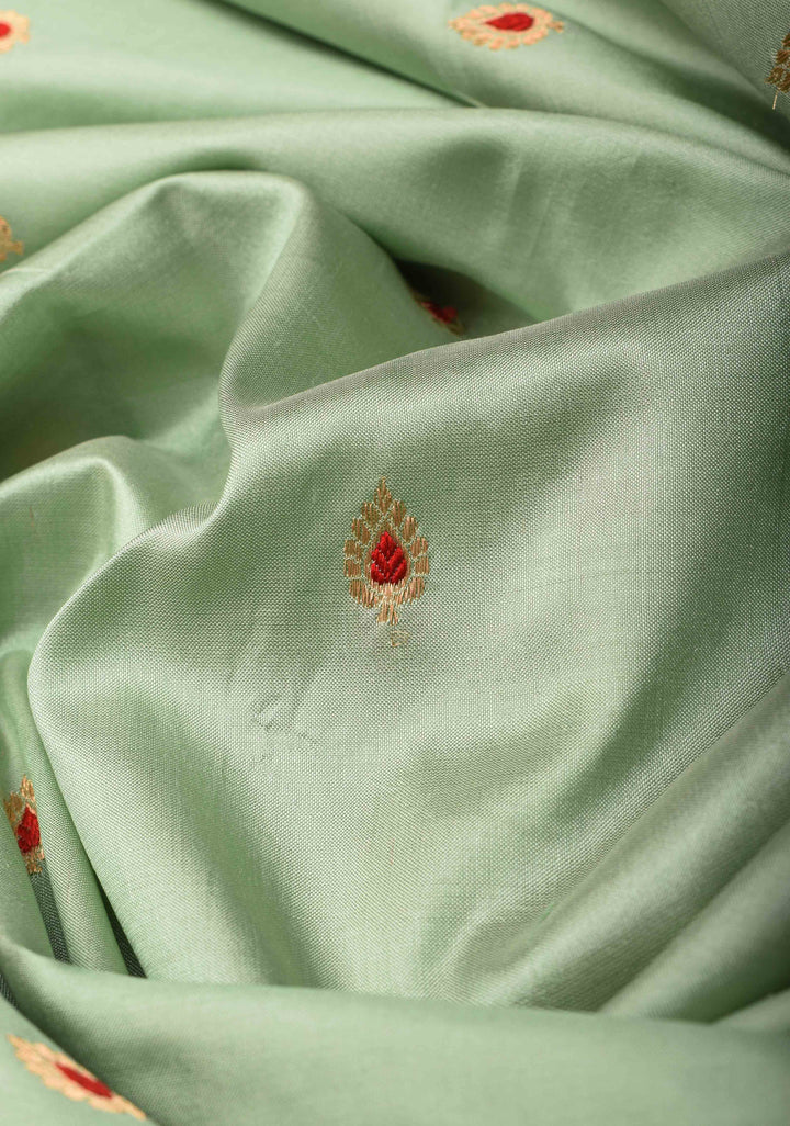 Pista Green Banarasi Katan silk saree with Meenakari  Buttis and Zari Border | SILK MARK CERTIFIED