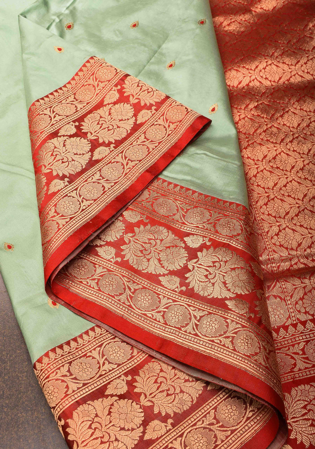 Pista Green Banarasi Katan silk saree with Meenakari  Buttis and Zari Border | SILK MARK CERTIFIED
