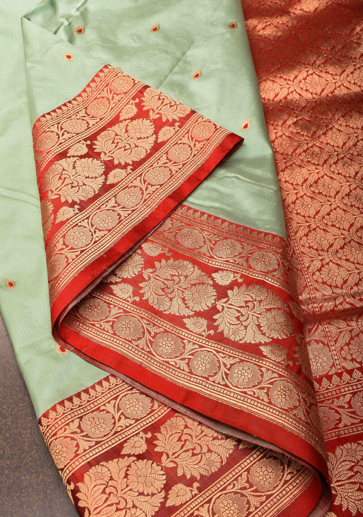Pista Green Banarasi Katan silk saree with Meenakari  Buttis and Zari Border | SILK MARK CERTIFIED