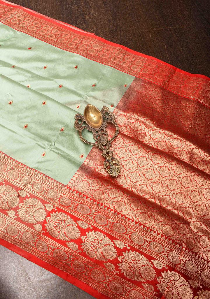 Pista Green Banarasi Katan silk saree with Meenakari  Buttis and Zari Border | SILK MARK CERTIFIED