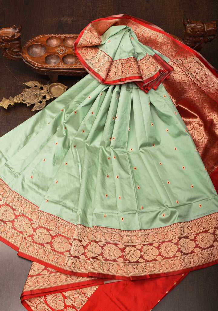 Pista Green Banarasi Katan silk saree with Meenakari  Buttis and Zari Border | SILK MARK CERTIFIED