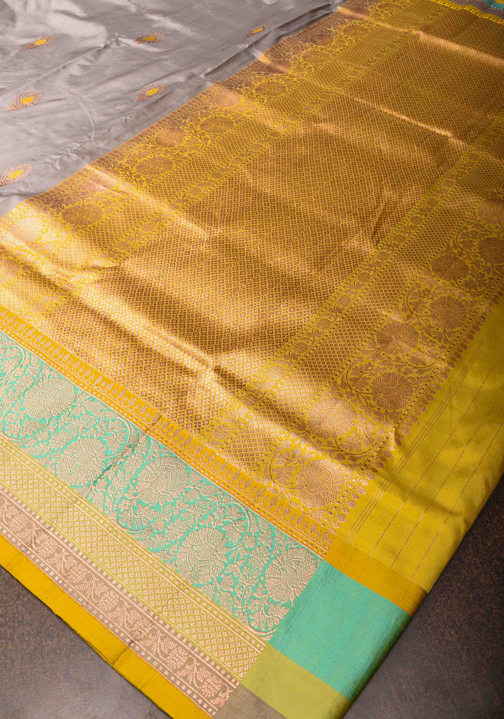 Gray Banarasi Katan silk saree with Meenakari Zari Buttas and Zari Border | SILK MARK CERTIFIED