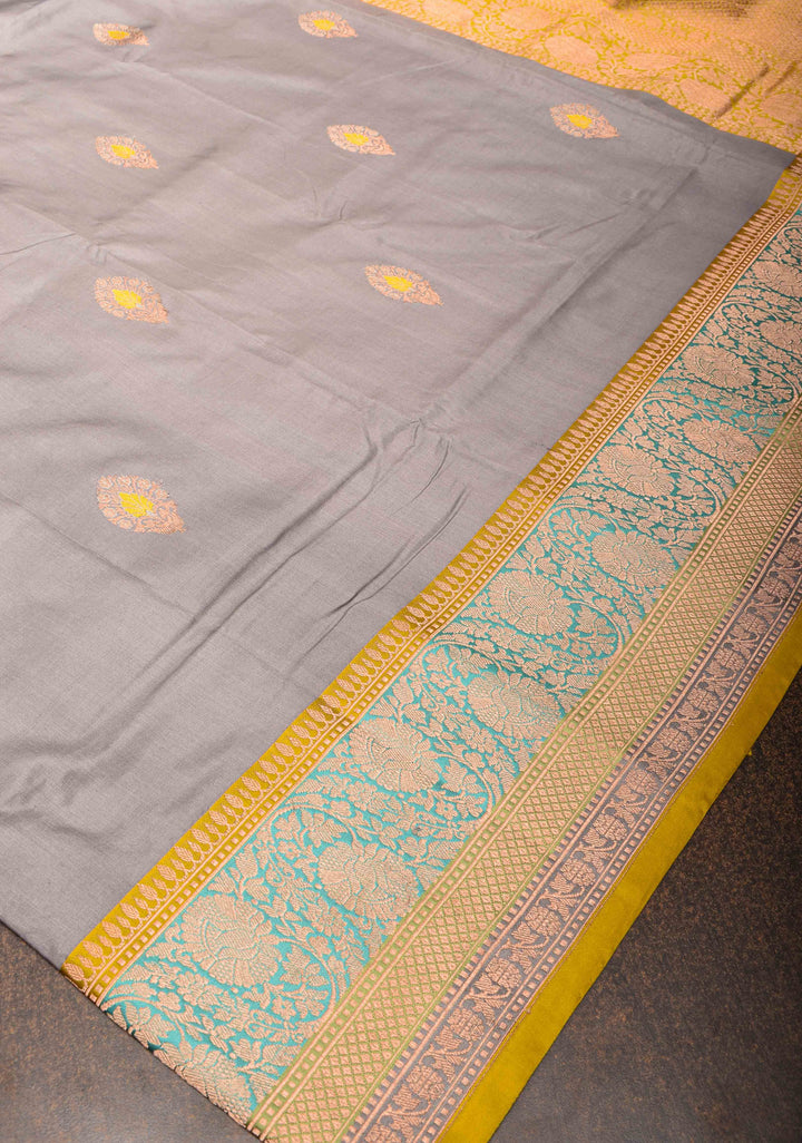 Gray Banarasi Katan silk saree with Meenakari Zari Buttas and Zari Border | SILK MARK CERTIFIED
