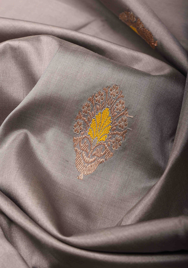 Gray Banarasi Katan silk saree with Meenakari Zari Buttas and Zari Border | SILK MARK CERTIFIED