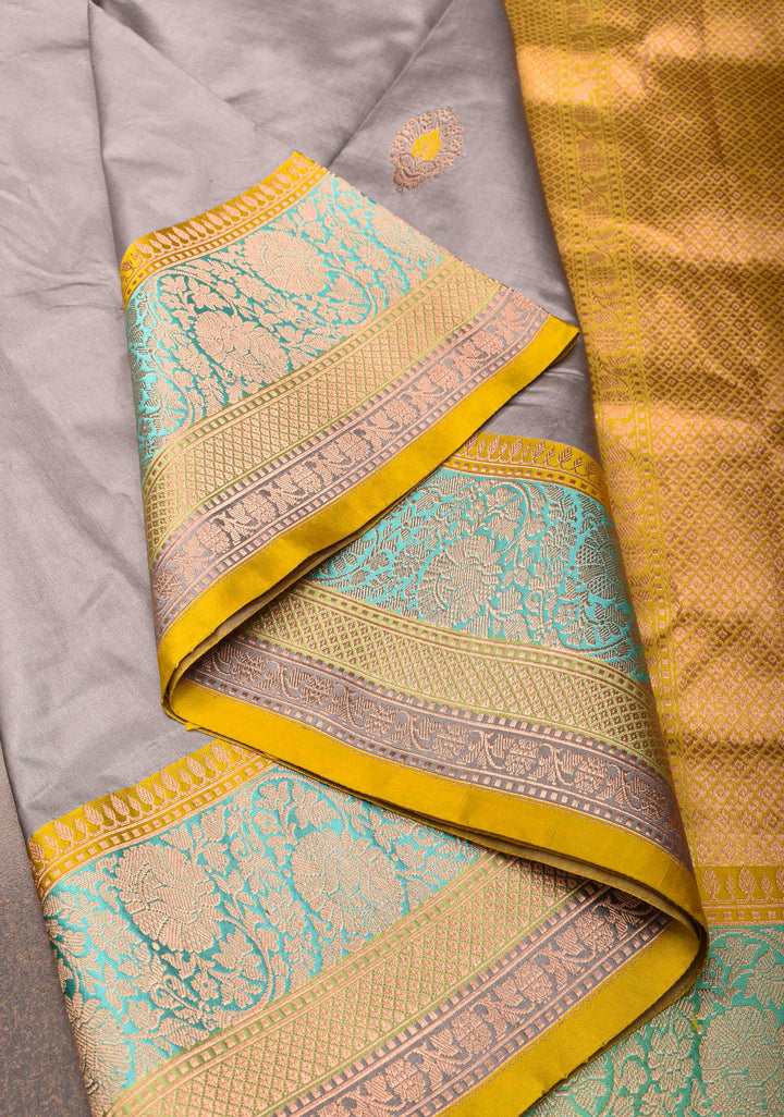 Gray Banarasi Katan silk saree with Meenakari Zari Buttas and Zari Border | SILK MARK CERTIFIED