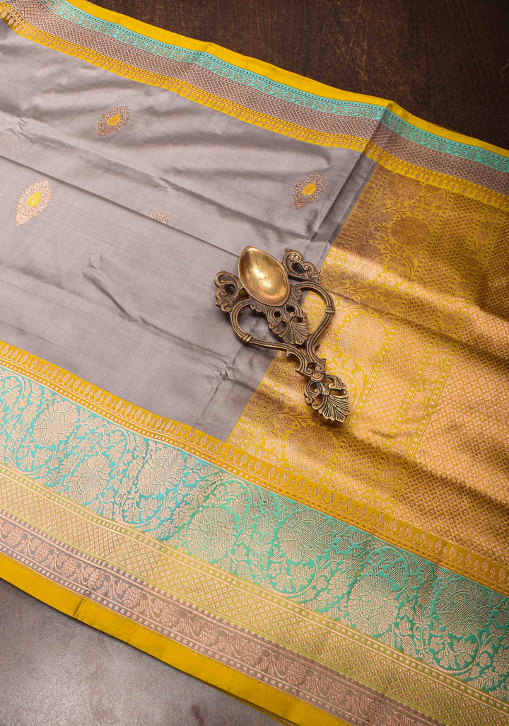 Gray Banarasi Katan silk saree with Meenakari Zari Buttas and Zari Border | SILK MARK CERTIFIED
