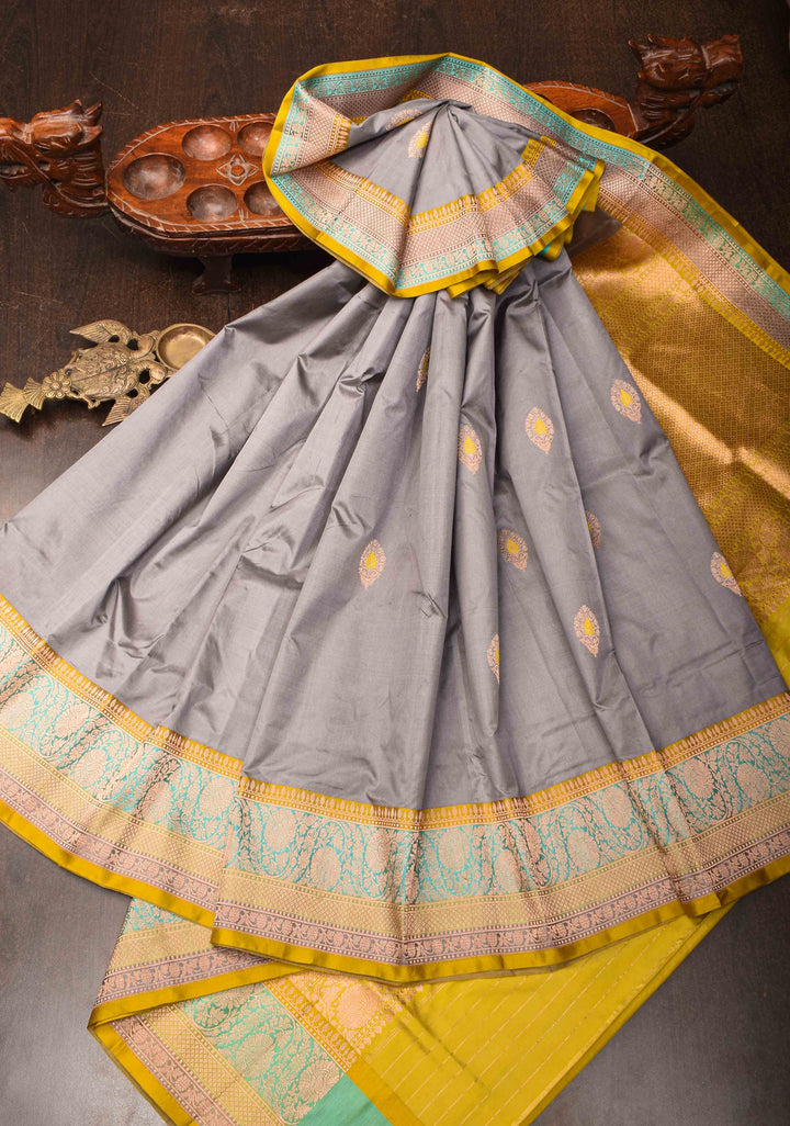 Gray Banarasi Katan silk saree with Meenakari Zari Buttas and Zari Border | SILK MARK CERTIFIED