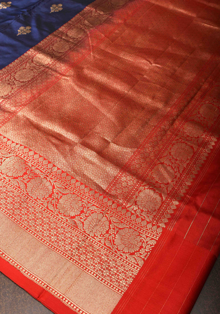 Navy Blue Banarasi Katan silk saree with Zari Buttas, Koniyas and Contrast Zari Border | SILK MARK CERTIFIED