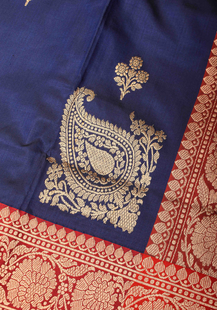 Navy Blue Banarasi Katan silk saree with Zari Buttas, Koniyas and Contrast Zari Border | SILK MARK CERTIFIED