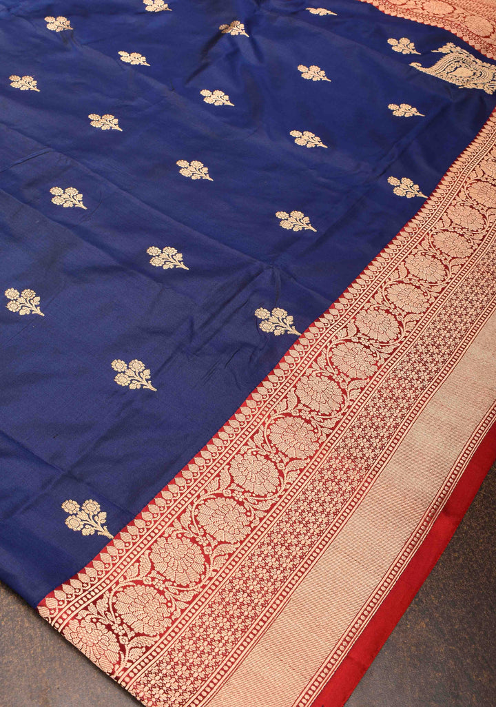 Navy Blue Banarasi Katan silk saree with Zari Buttas, Koniyas and Contrast Zari Border | SILK MARK CERTIFIED