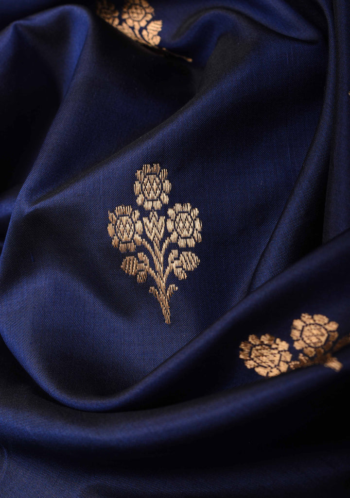 Navy Blue Banarasi Katan silk saree with Zari Buttas, Koniyas and Contrast Zari Border | SILK MARK CERTIFIED