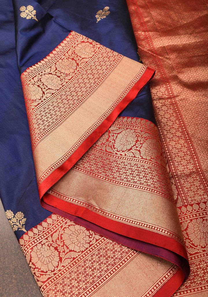 Navy Blue Banarasi Katan silk saree with Zari Buttas, Koniyas and Contrast Zari Border | SILK MARK CERTIFIED