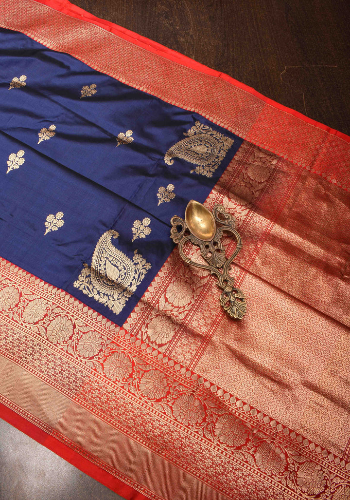 Navy Blue Banarasi Katan silk saree with Zari Buttas, Koniyas and Contrast Zari Border | SILK MARK CERTIFIED