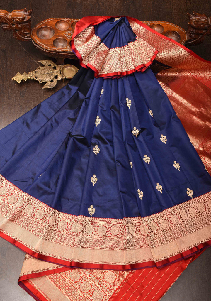 Navy Blue Banarasi Katan silk saree with Zari Buttas, Koniyas and Contrast Zari Border | SILK MARK CERTIFIED
