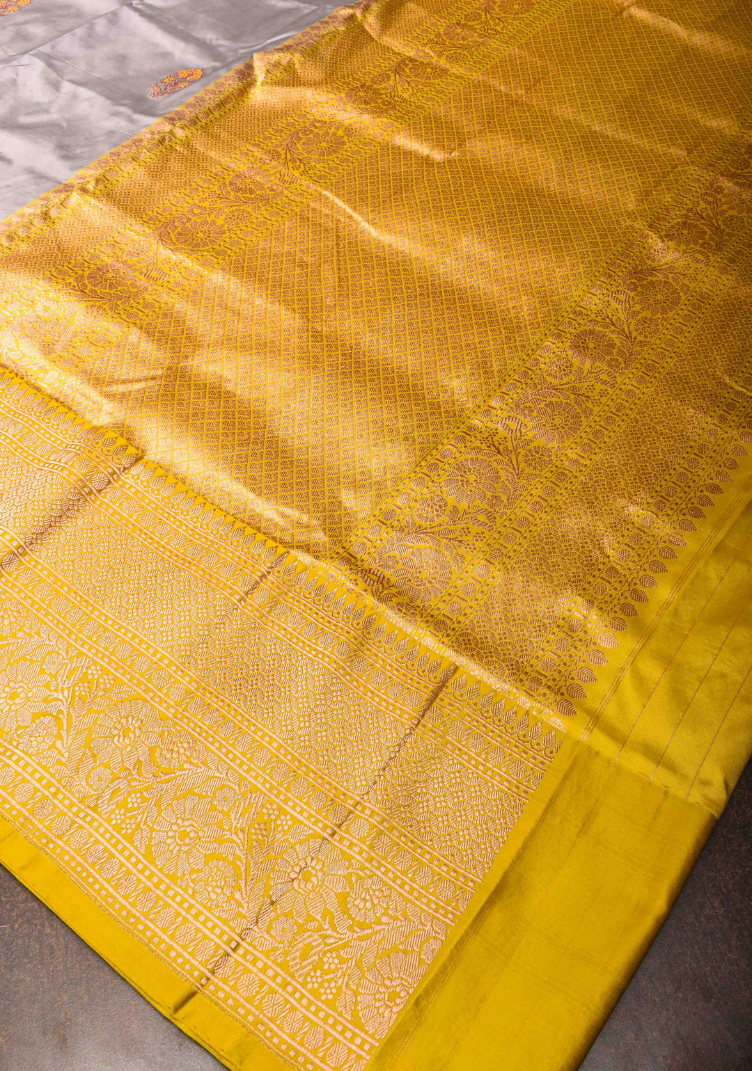 Gray Banarasi Katan silk saree with Meenakari Zari Buttas and Contrast Zari Border | SILK MARK CERTIFIED