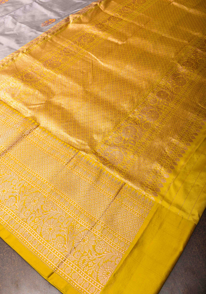 Gray Banarasi Katan silk saree with Meenakari Zari Buttas and Contrast Zari Border | SILK MARK CERTIFIED