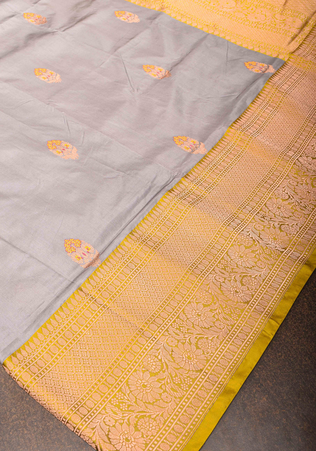 Gray Banarasi Katan silk saree with Meenakari Zari Buttas and Contrast Zari Border | SILK MARK CERTIFIED