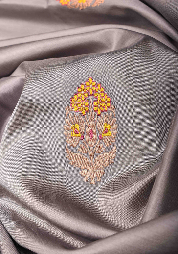 Gray Banarasi Katan silk saree with Meenakari Zari Buttas and Contrast Zari Border | SILK MARK CERTIFIED