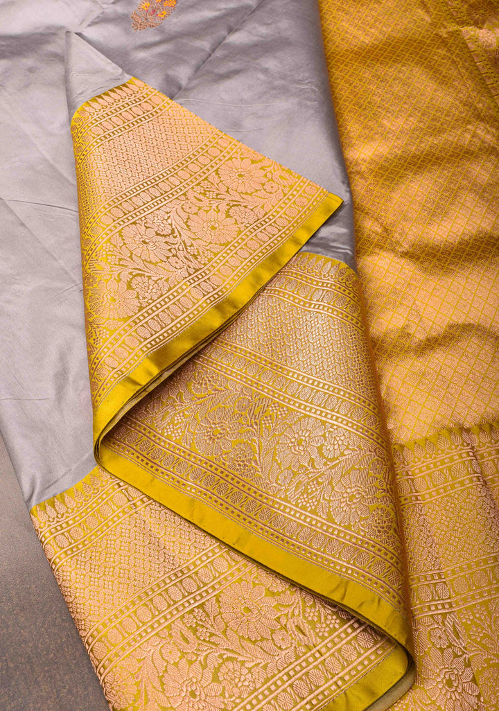 Gray Banarasi Katan silk saree with Meenakari Zari Buttas and Contrast Zari Border | SILK MARK CERTIFIED