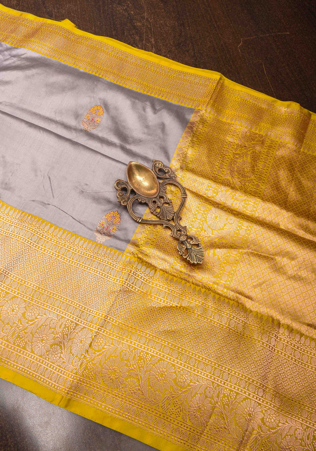 Gray Banarasi Katan silk saree with Meenakari Zari Buttas and Contrast Zari Border | SILK MARK CERTIFIED