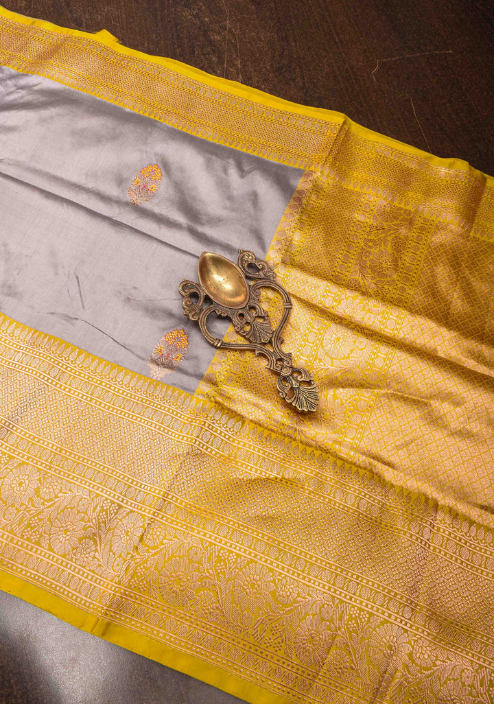 Gray Banarasi Katan silk saree with Meenakari Zari Buttas and Contrast Zari Border | SILK MARK CERTIFIED