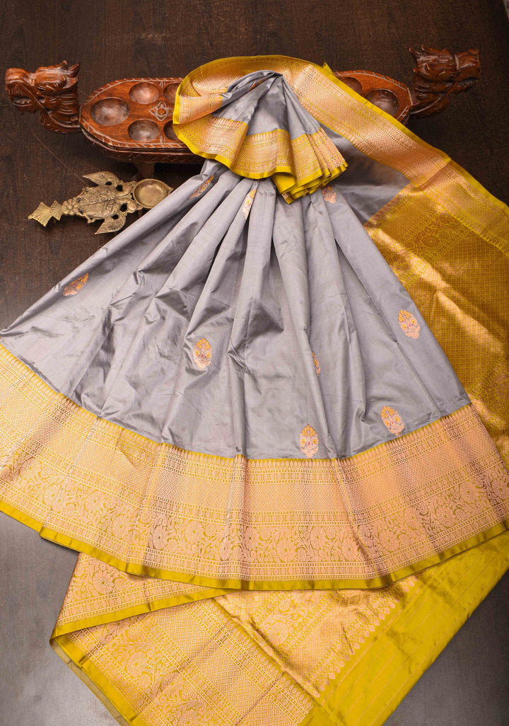 Gray Banarasi Katan silk saree with Meenakari Zari Buttas and Contrast Zari Border | SILK MARK CERTIFIED