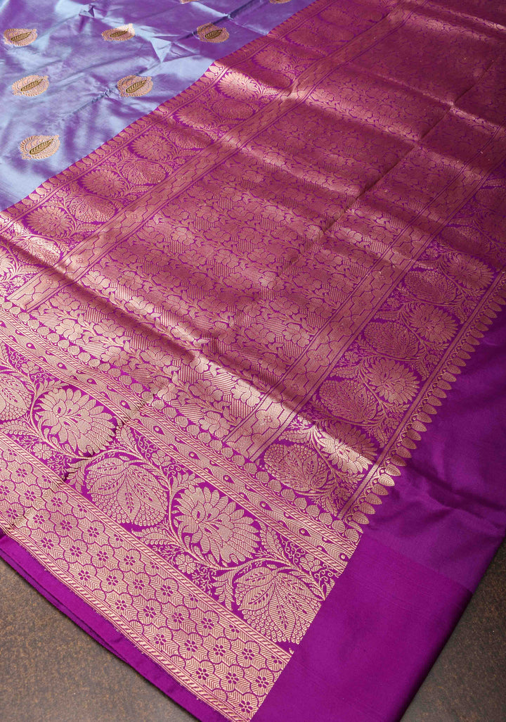 Greyish Purple Banarasi Katan silk saree with Meenakari Zari Buttas and Zari Border | SILK MARK CERTIFIED