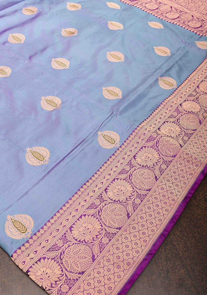 Greyish Purple Banarasi Katan silk saree with Meenakari Zari Buttas and Zari Border | SILK MARK CERTIFIED