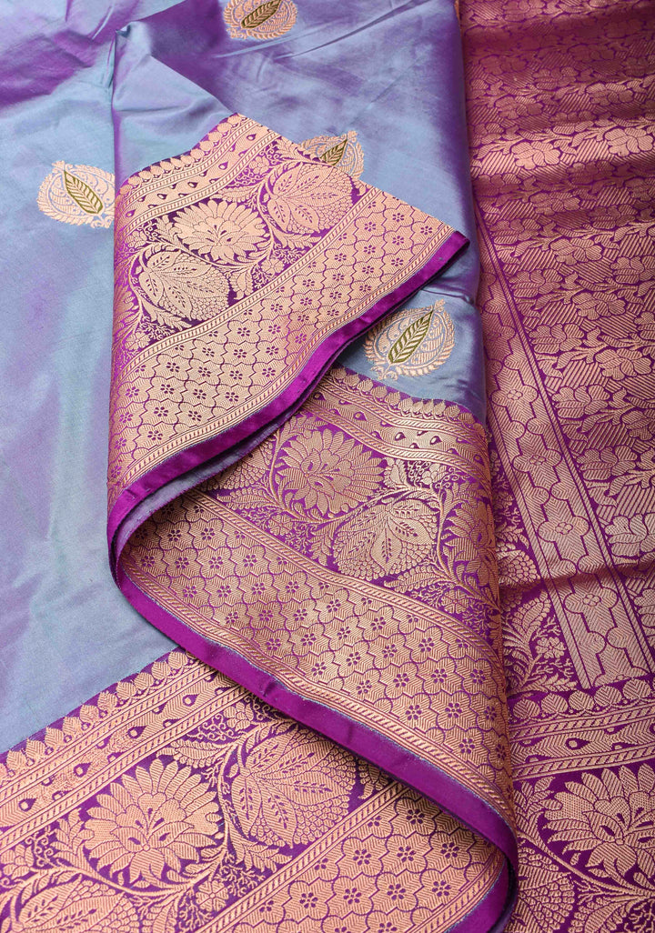 Greyish Purple Banarasi Katan silk saree with Meenakari Zari Buttas and Zari Border | SILK MARK CERTIFIED