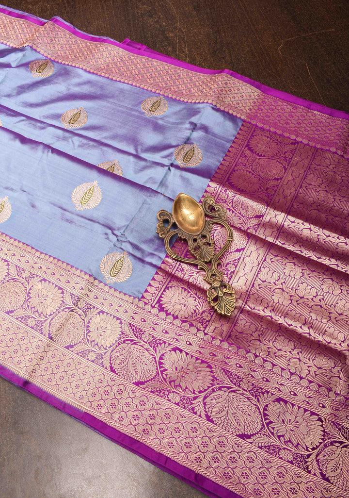 Greyish Purple Banarasi Katan silk saree with Meenakari Zari Buttas and Zari Border | SILK MARK CERTIFIED