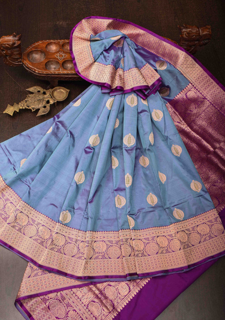 Greyish Purple Banarasi Katan silk saree with Meenakari Zari Buttas and Zari Border | SILK MARK CERTIFIED