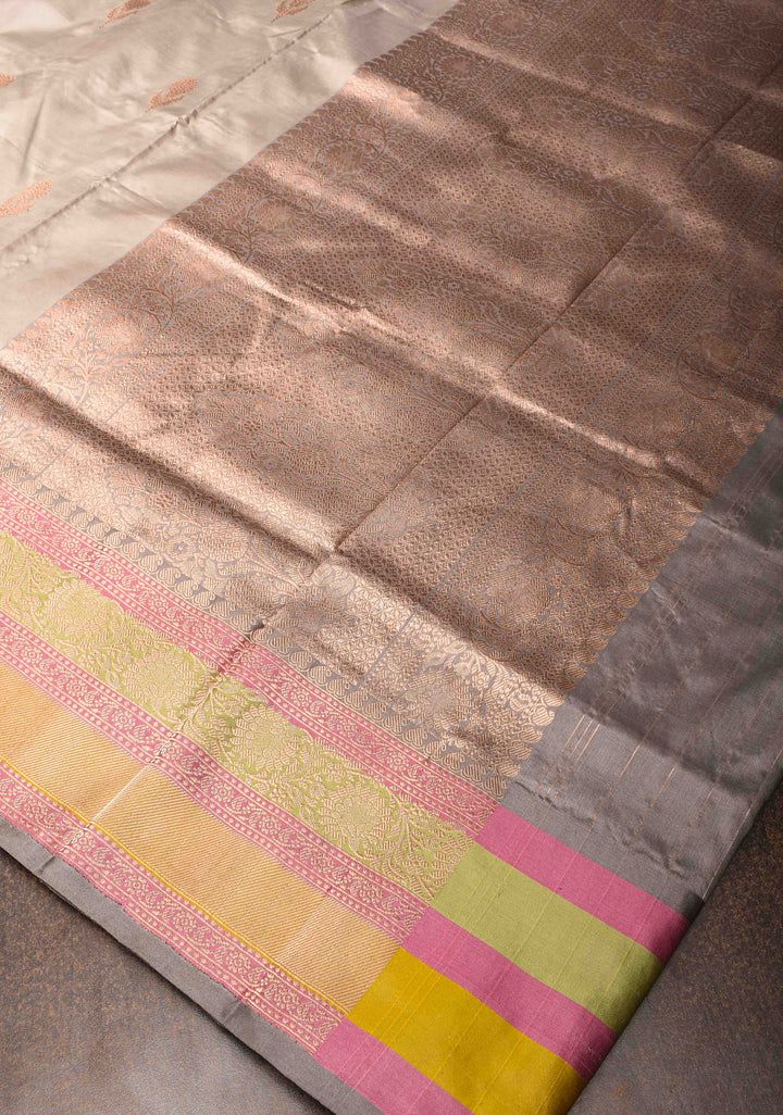 Gray  Banarasi Katan silk saree with Zari Buttas and Contrast Zari Border | SILK MARK CERTIFIED