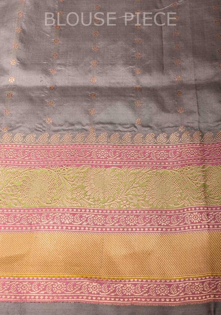 Gray  Banarasi Katan silk saree with Zari Buttas and Contrast Zari Border | SILK MARK CERTIFIED