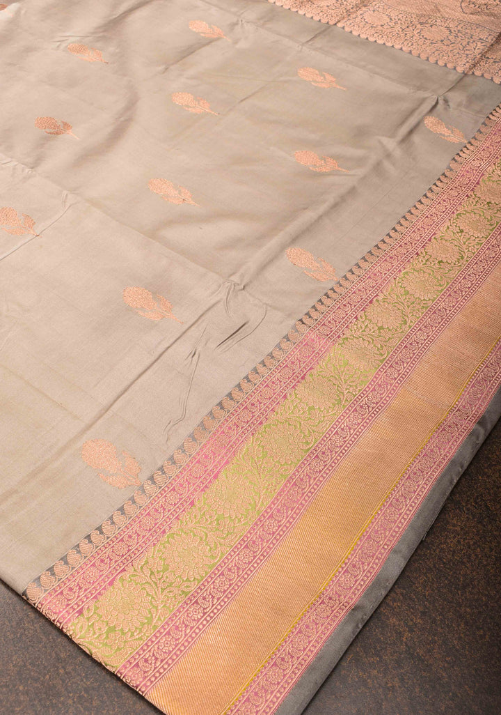 Gray  Banarasi Katan silk saree with Zari Buttas and Contrast Zari Border | SILK MARK CERTIFIED